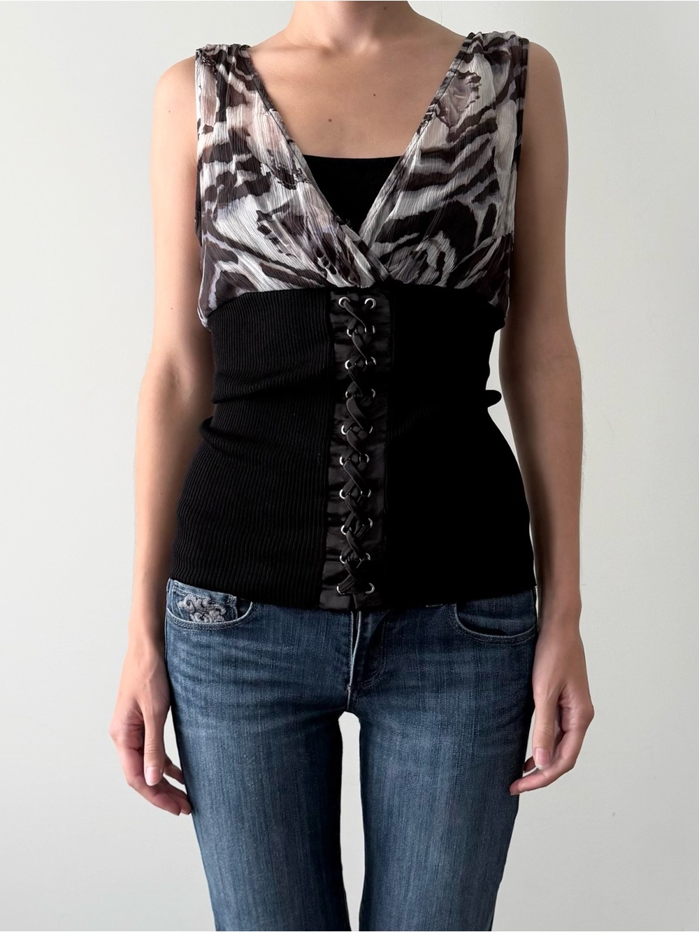 Whimsical Cache silk corset style sleeveless top